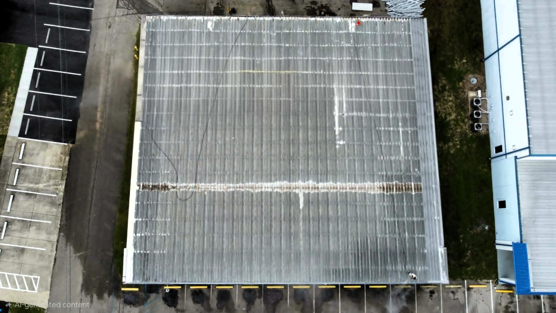 Before: aerial view of a weathered metal warehouse roof with faded, stained panels and worn seams