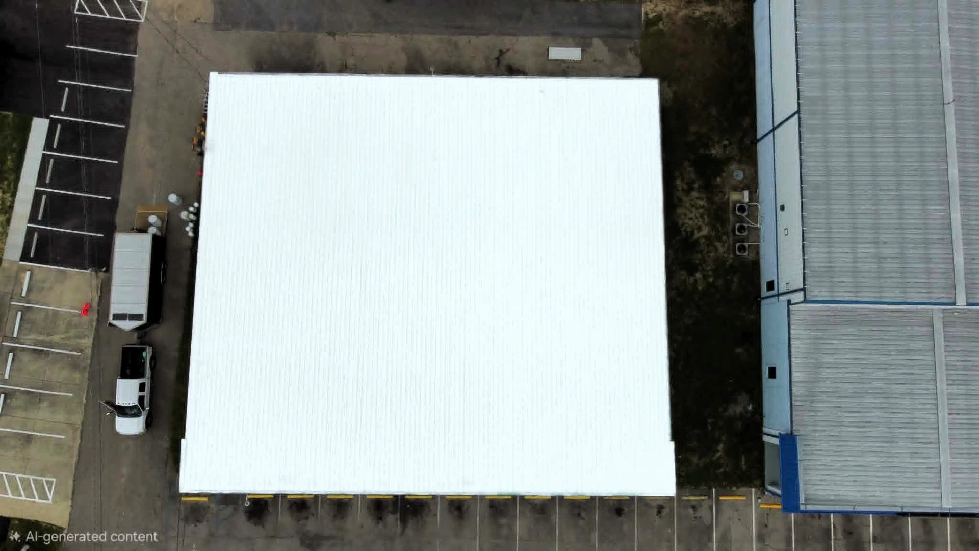 After: the same metal warehouse roof restored with a bright white Conklin reflective coating system