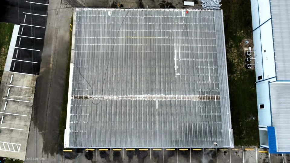Before: aerial view of a weathered metal warehouse roof with faded, stained panels and worn seams