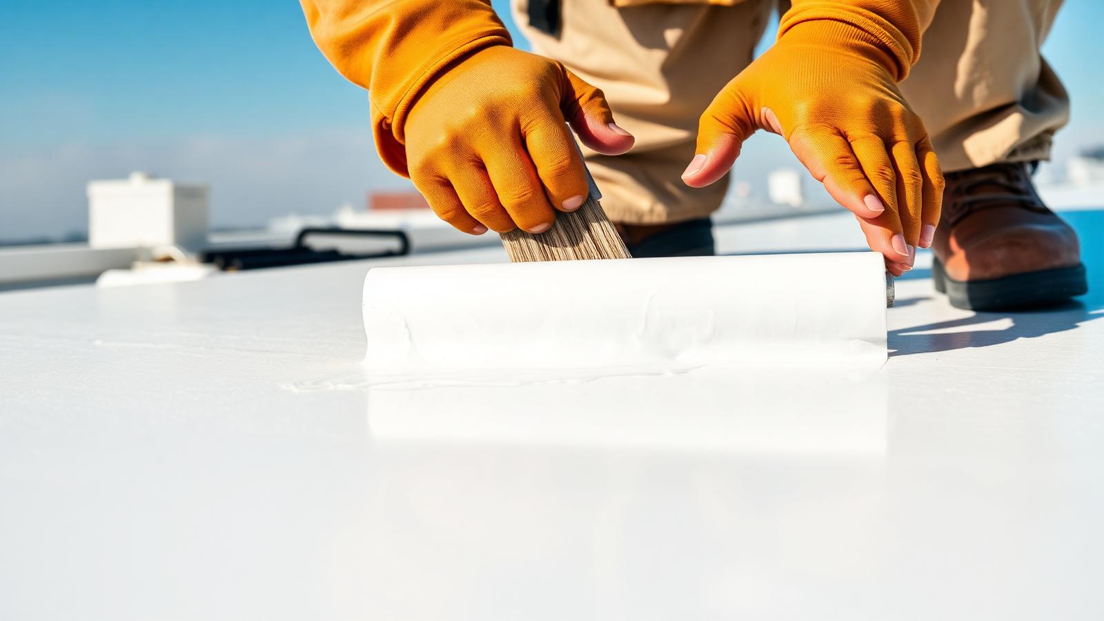 Close-up of a contractor applying Conklin white acrylic roof coating with a brush on a commercial flat roof
