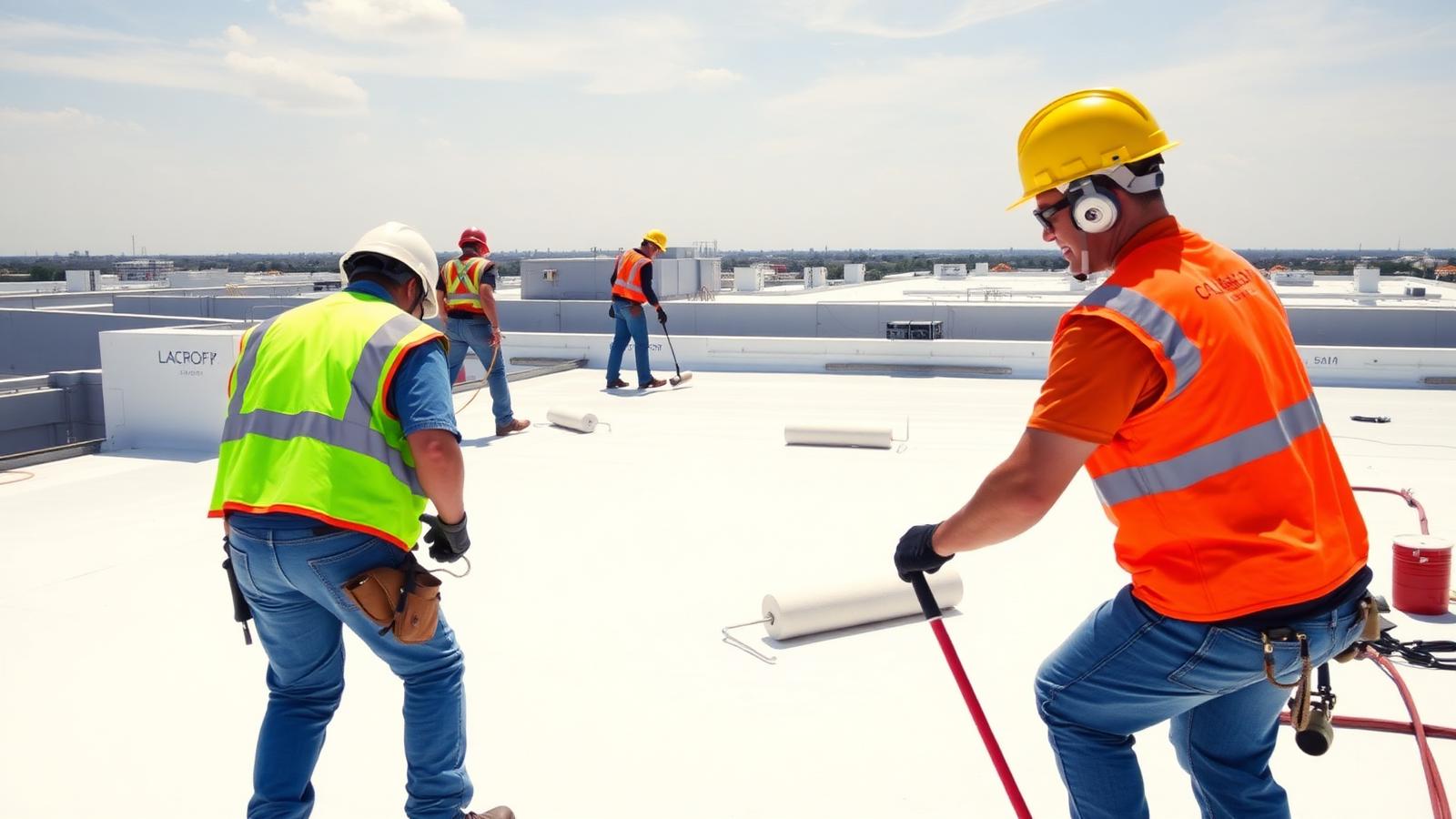 Conklin-trained commercial roofing crew applying white reflective coating on a building in Alabama