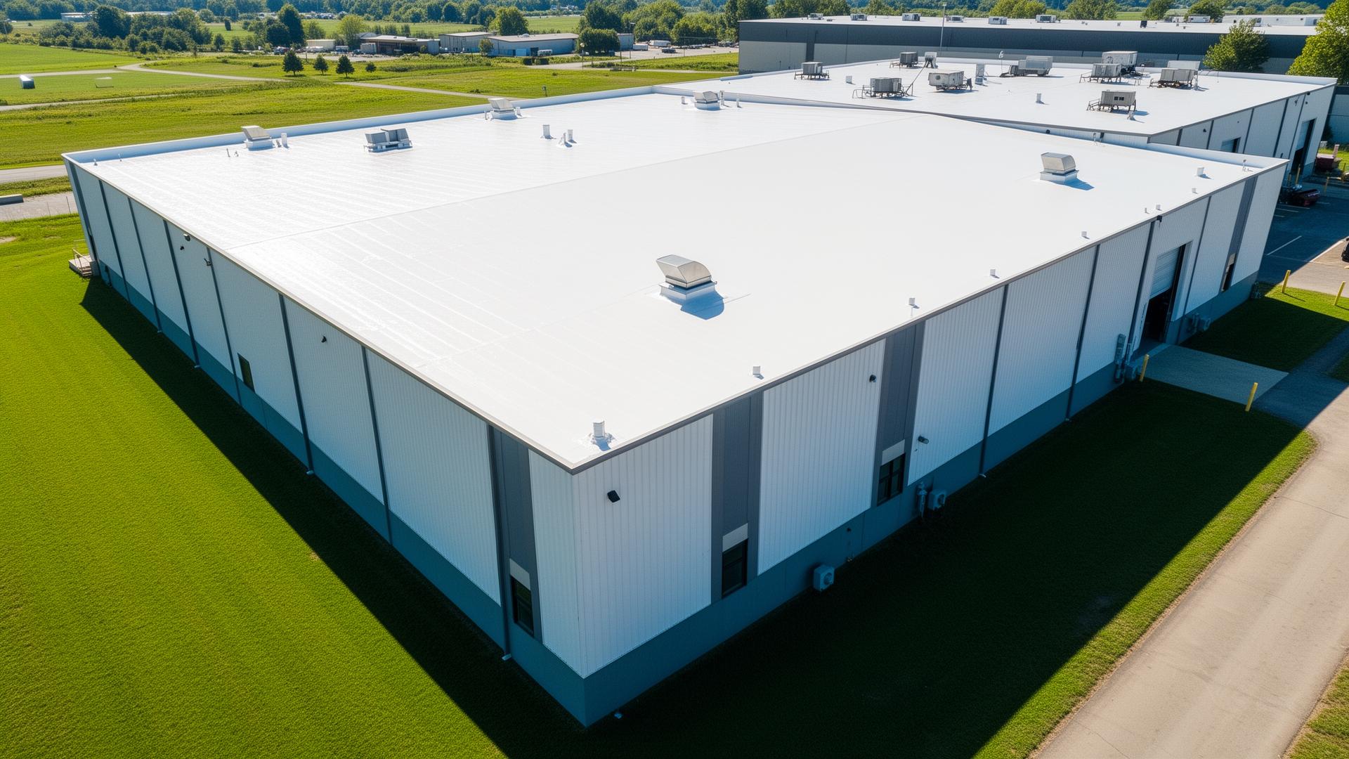 White reflective roof coating on commercial building