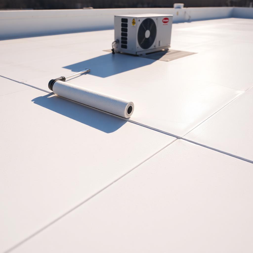 Conklin-trained crew applying white acrylic reflective coating to a commercial flat roof
