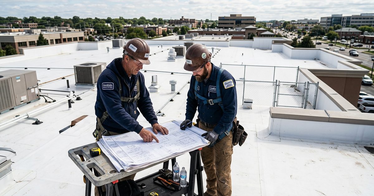 Crew applying Conklin white roof coating to a commercial roof — Complete Guide To Conklin Roofing