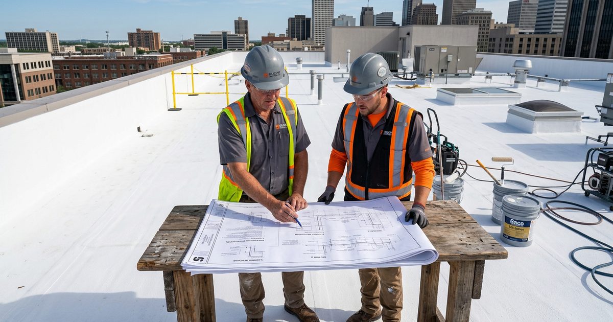 Crew applying Conklin white roof coating to a commercial roof — Acrylic Or Silicone Roof Coatings For Your Commercial Roof?