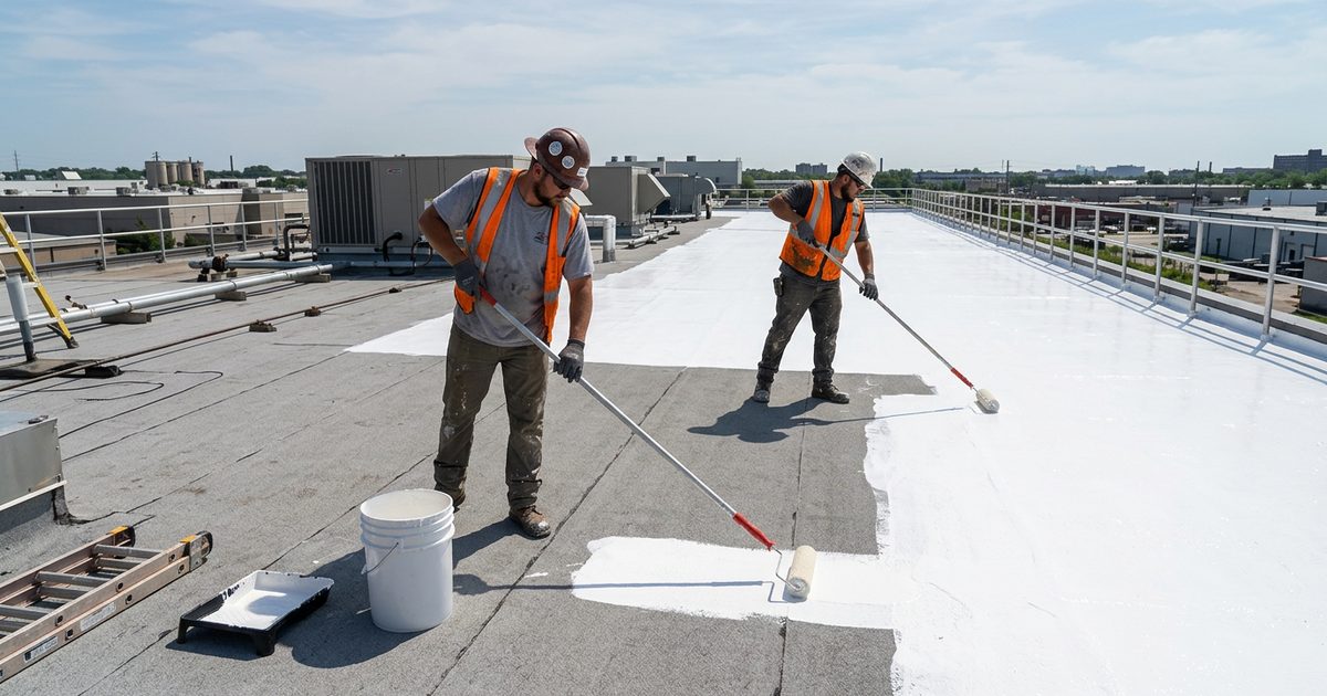 Bright white reflective cool roof coating on a commercial building — Advantages Of White Roof Coatings
