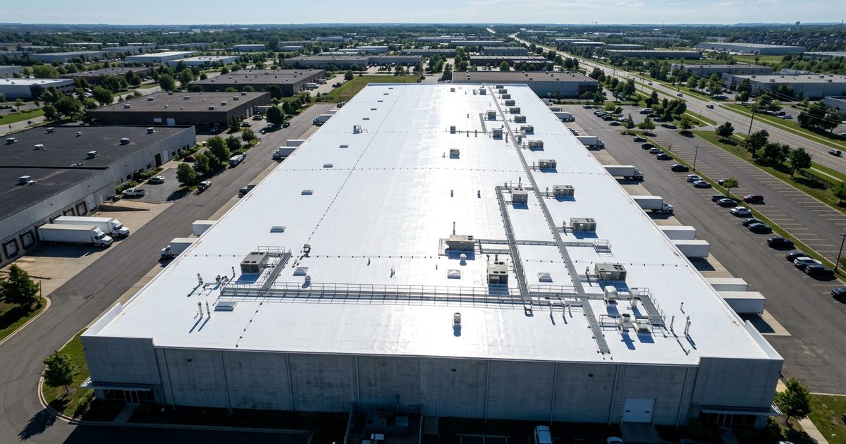 Bright white reflective cool roof coating on a commercial building — Benefits Of Cool Roofs On Commercial Flat Roofs Metal Roofs
