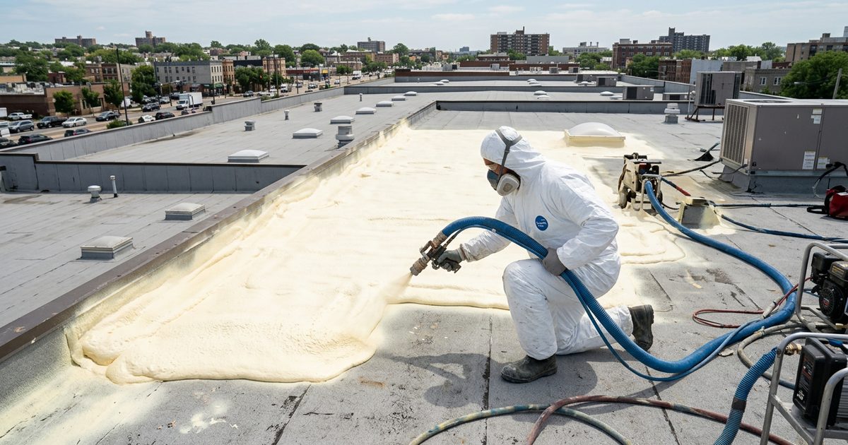 Spray polyurethane foam roofing applied over a commercial flat roof — 6 Main Benefits Of Foam Roofing For Your Commercial Building