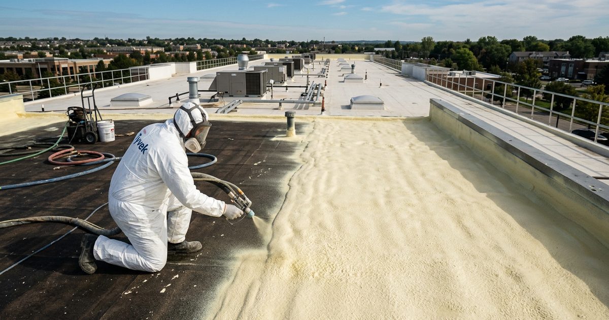 Spray polyurethane foam roofing applied over a commercial flat roof — Benefits Of Spray Polyurethane Foam Roof Systems For Commercial Roofs