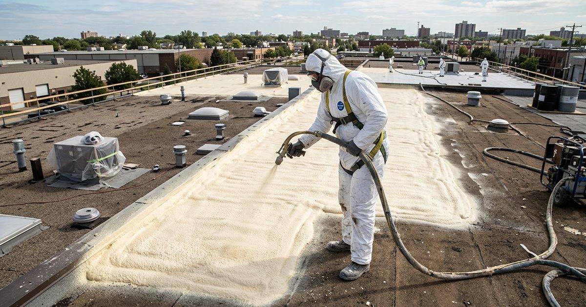 Spray polyurethane foam roofing applied over a commercial flat roof — Benefits Of Spray Foam Roofing