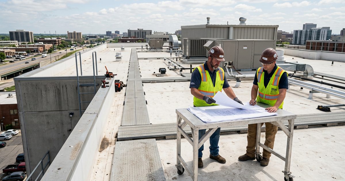 Conklin-trained commercial roofing contractor working on a rooftop — Best Practices For A Roofing Contractor SEO