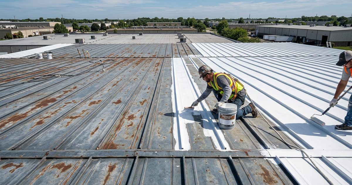 White reflective coating being rolled over a commercial standing seam metal roof — Repair Or Replacement For Metal Roof