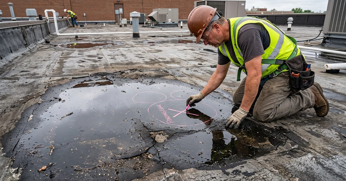 Crew restoring a commercial flat roof with reflective roof coating — Commercial Flat Roof Repair Can Be A Challenge For Commercial Roofs