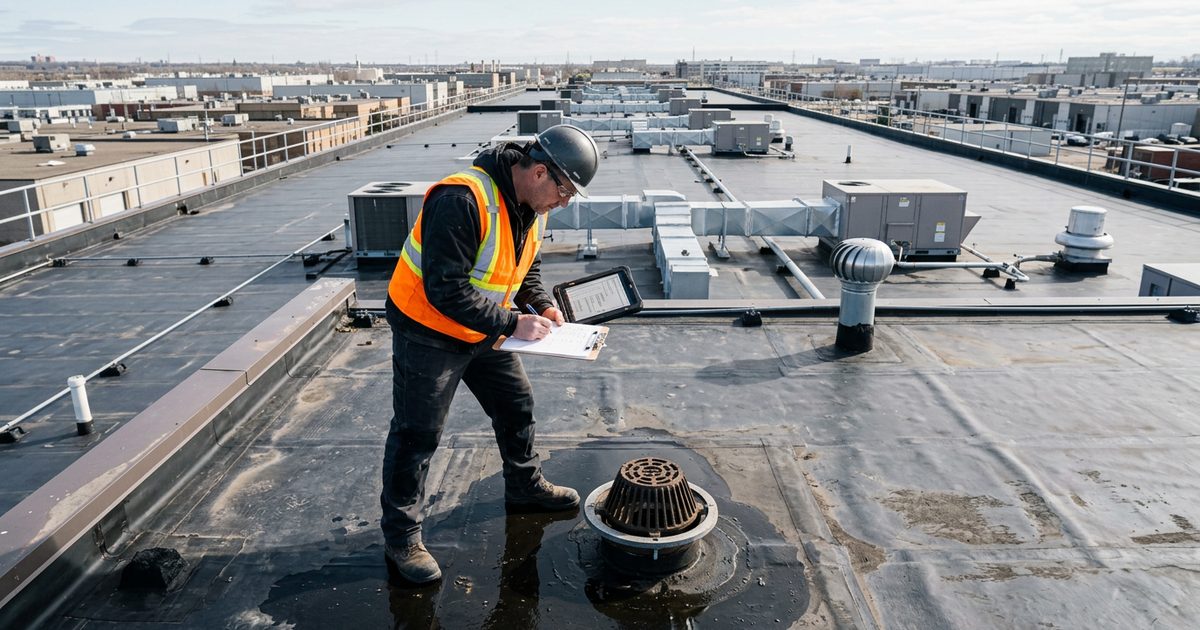 Conklin-trained roofer inspecting a commercial flat roof — illustration for the article Roof Maintenance On Commercial Roofs