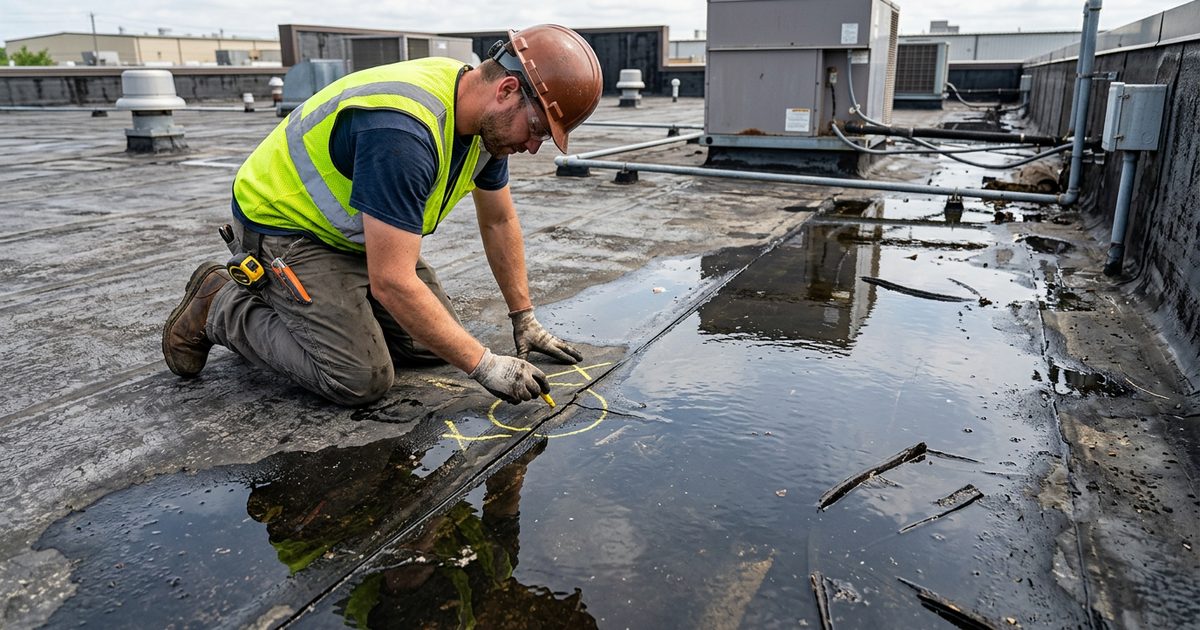 Water leak staining and ponding on a commercial flat roof — illustration for the article Why Is My Commercial Roof Leaking?