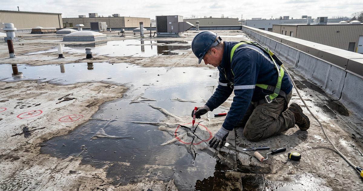 Roofing technician performing preventive maintenance on a commercial roof