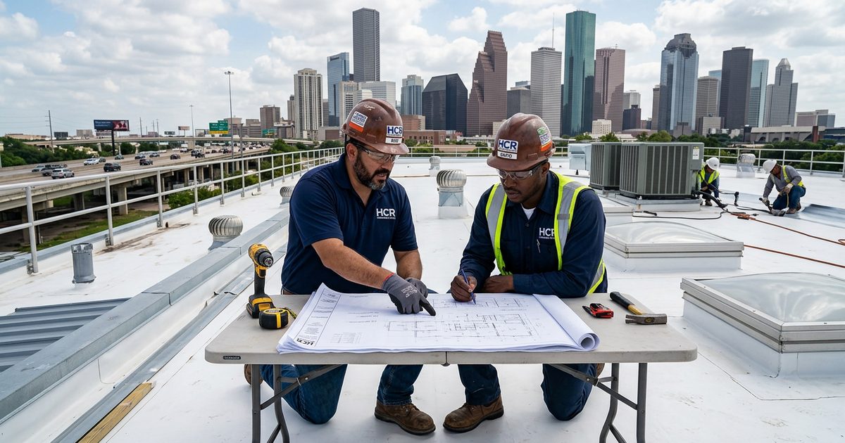 Conklin-trained commercial roofing contractor working on a rooftop — Commercial Roofing Contractors Houston Texas