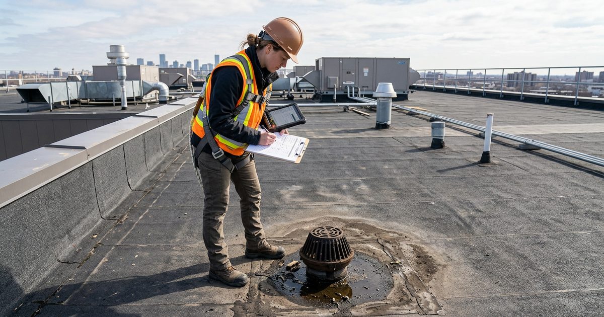 Roofing technician performing preventive maintenance on a commercial roof