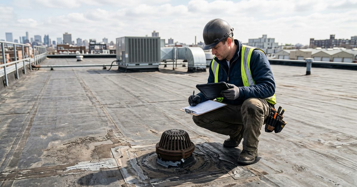 Crew restoring a commercial flat roof with reflective roof coating — illustration for the article Commercial Roof Repair