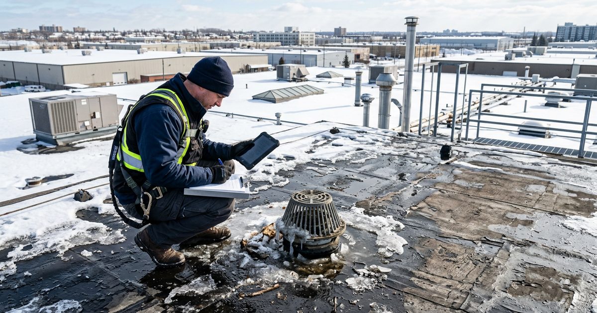 Snow and ice on a commercial low-slope roof in winter — illustration for the article Commercial Roofs And Winter Damage