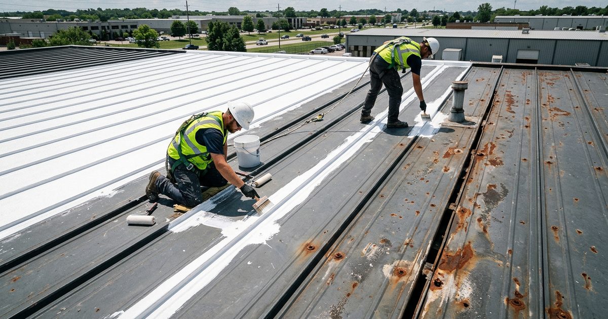 White reflective coating being rolled over a commercial standing seam metal roof — Metal Roof Problems And Solutions
