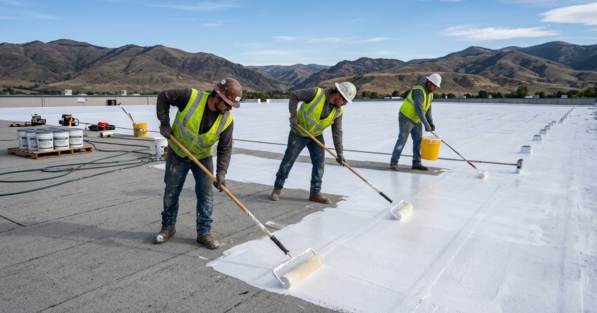 Crew applying Conklin white roof coating to a commercial roof — Conklin Fabric Reinforced Roofing System ID