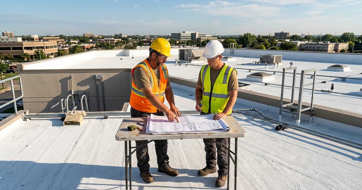 Crew applying Conklin white roof coating to a commercial roof — Conklin Roof Coating Reviews Commercial Roofing