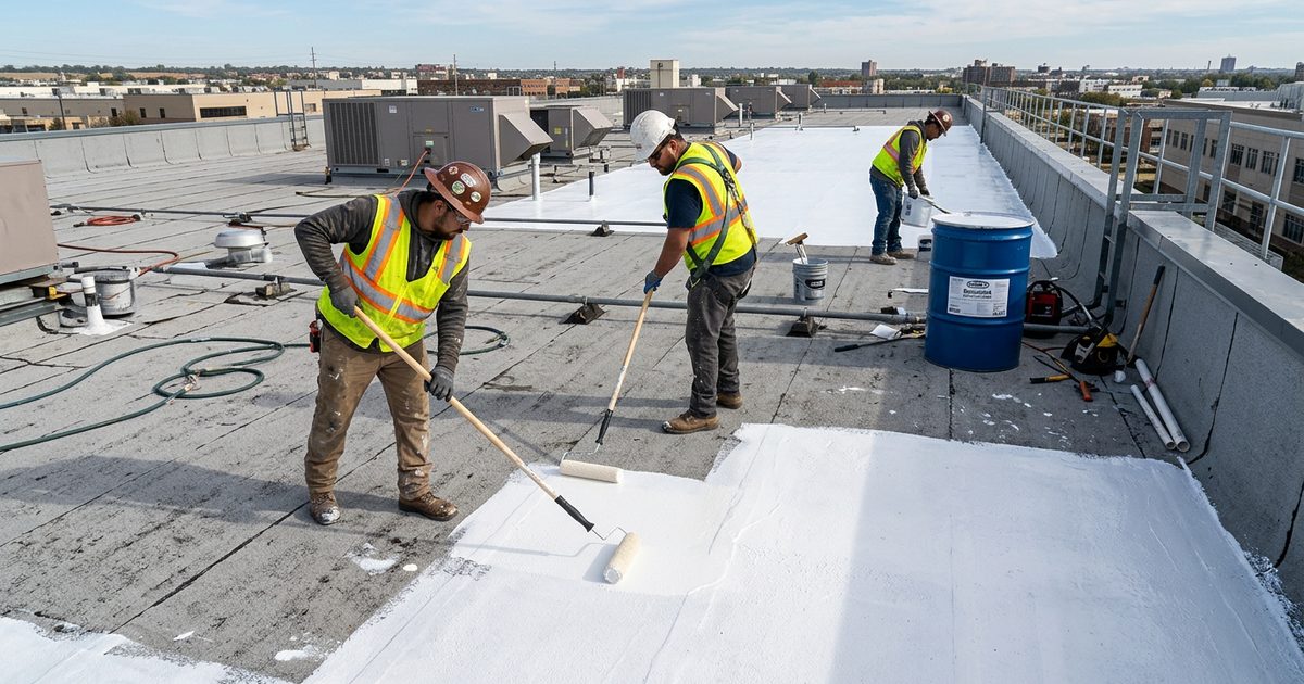 Crew applying Conklin white roof coating to a commercial roof — Conklin Roof Coatings For Commercial Flat Roofs Metal Roofs