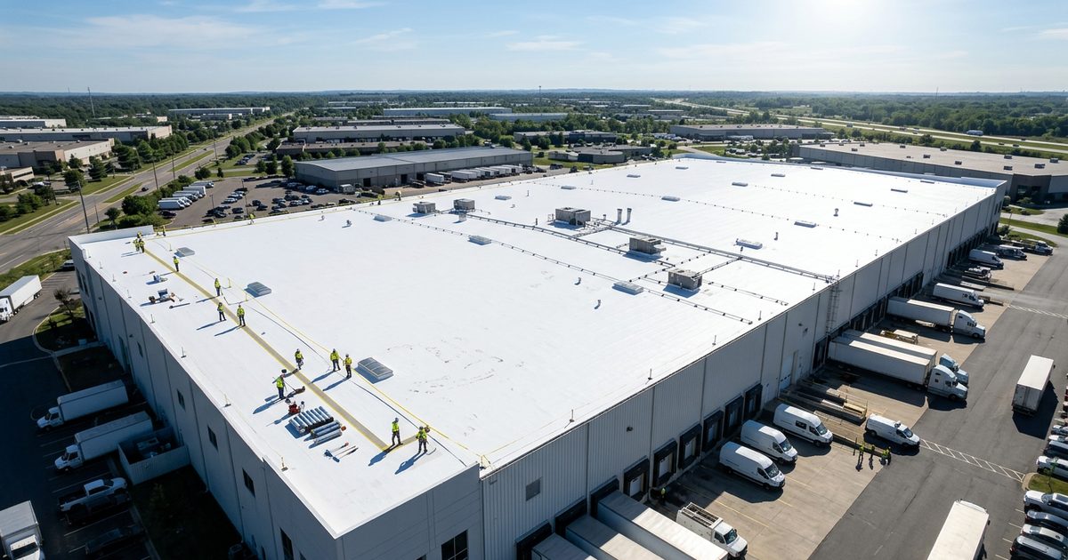 Crew applying Conklin white roof coating to a commercial roof — Conklin Roofing Systems For Commercial Roofs Are Energy Efficient