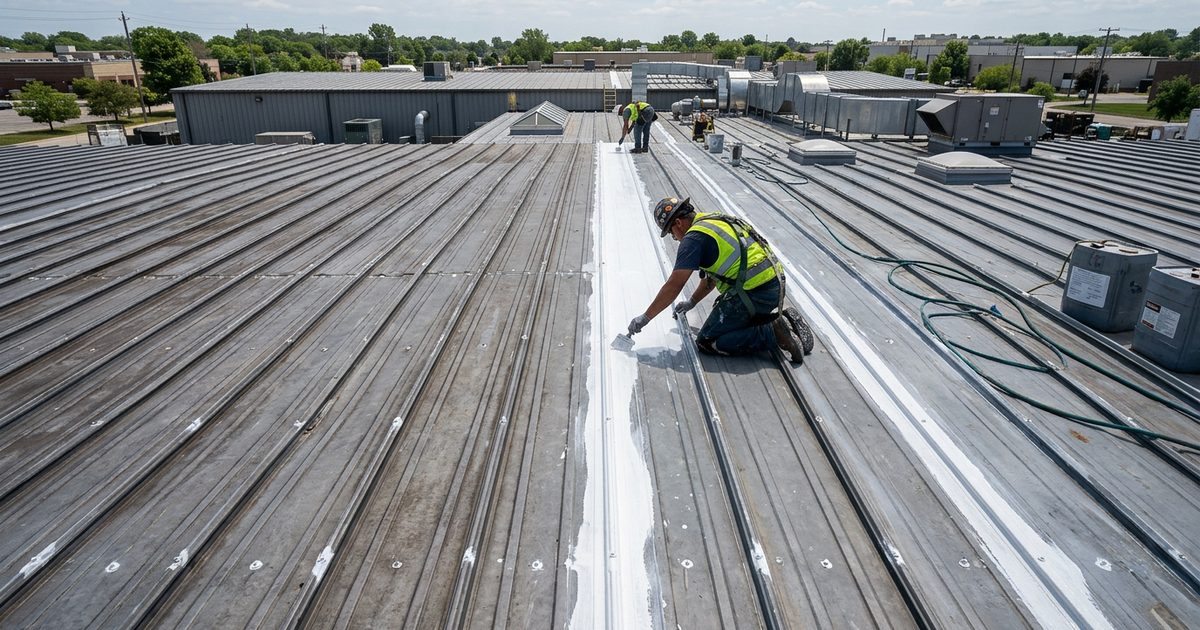 White reflective coating being rolled over a commercial standing seam metal roof — Conklin Roofing Vs Metal Roof: 7 Costly Problems