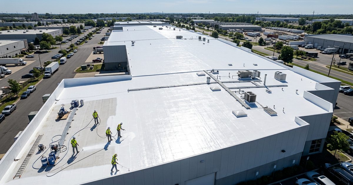 Bright white reflective cool roof coating on a commercial building — Cool Roof Coatings To Cool Commercial Roofs | White Roof Coatings