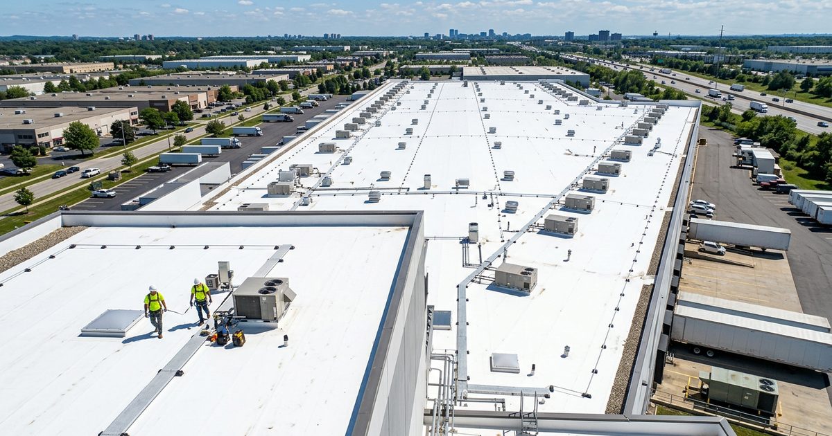 Bright white reflective cool roof coating on a commercial building — Cool Roofs For Commercial Roofs