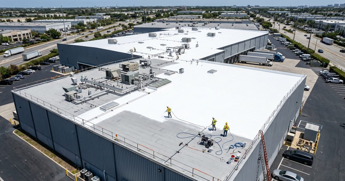 Crew applying Conklin white roof coating to a commercial roof — illustration for the article Demand For Roof Coatings