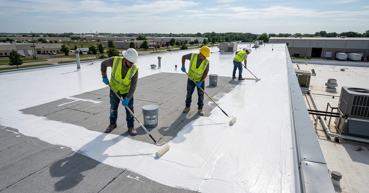 Crew applying Conklin white roof coating to a commercial roof — Elastomeric Roof Coatings For Commercial Flat Roofs Metal Roofs