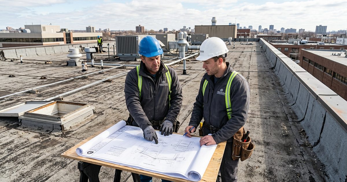 Commercial roof with Conklin white reflective coating — illustration for the article Commercial Flat Roof Issues