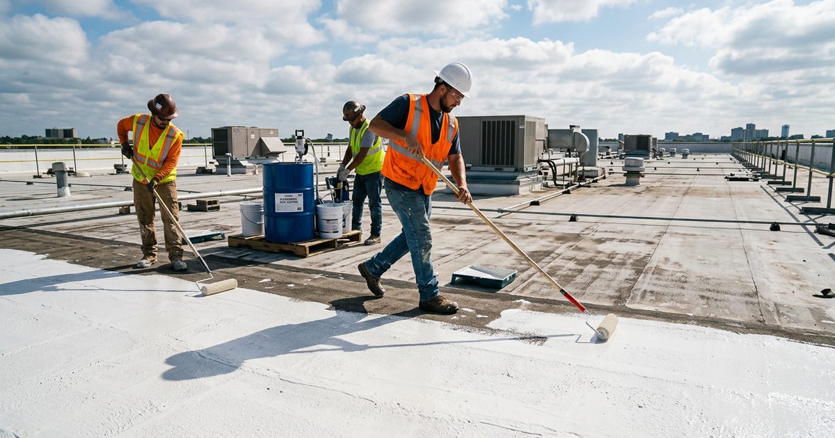 Crew applying Conklin white roof coating to a commercial roof — Flat Roof Coatings For Commercial Flat Roofs | Conklin Flat Roof Coatings