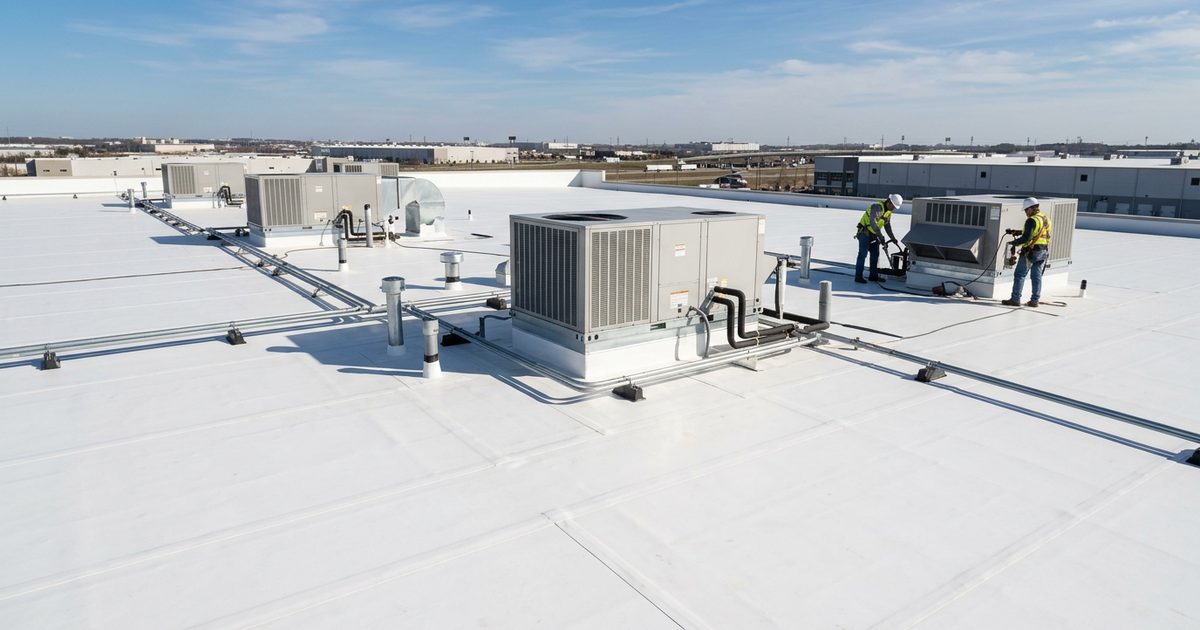 Commercial flat roof surface on a large industrial building — illustration for the article Flat Roof Systems