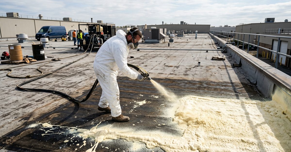 Spray polyurethane foam roofing applied over a commercial flat roof — illustration for the article Foam Roof Problems