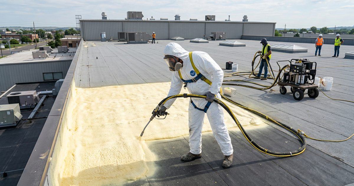 Spray polyurethane foam roofing applied over a commercial flat roof — Are Foam Roofs Sustainable? | Foam Roofing | White Roofing SYstems