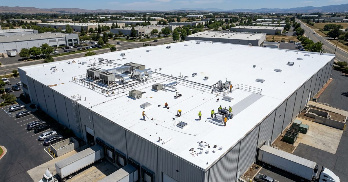 Commercial roof with Conklin white reflective coating — Cooling Your Commercial Roof To Save Energy