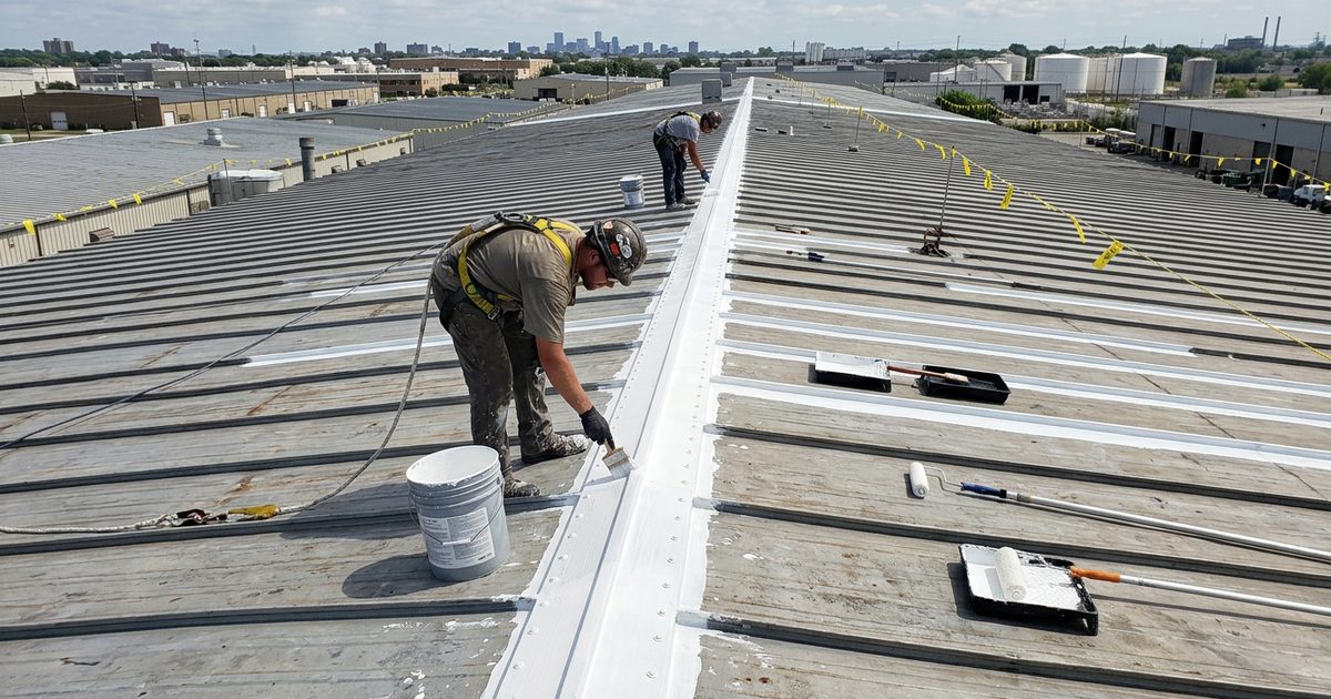 White reflective coating being rolled over a commercial standing seam metal roof — How To Stop Metal Roof Leaks