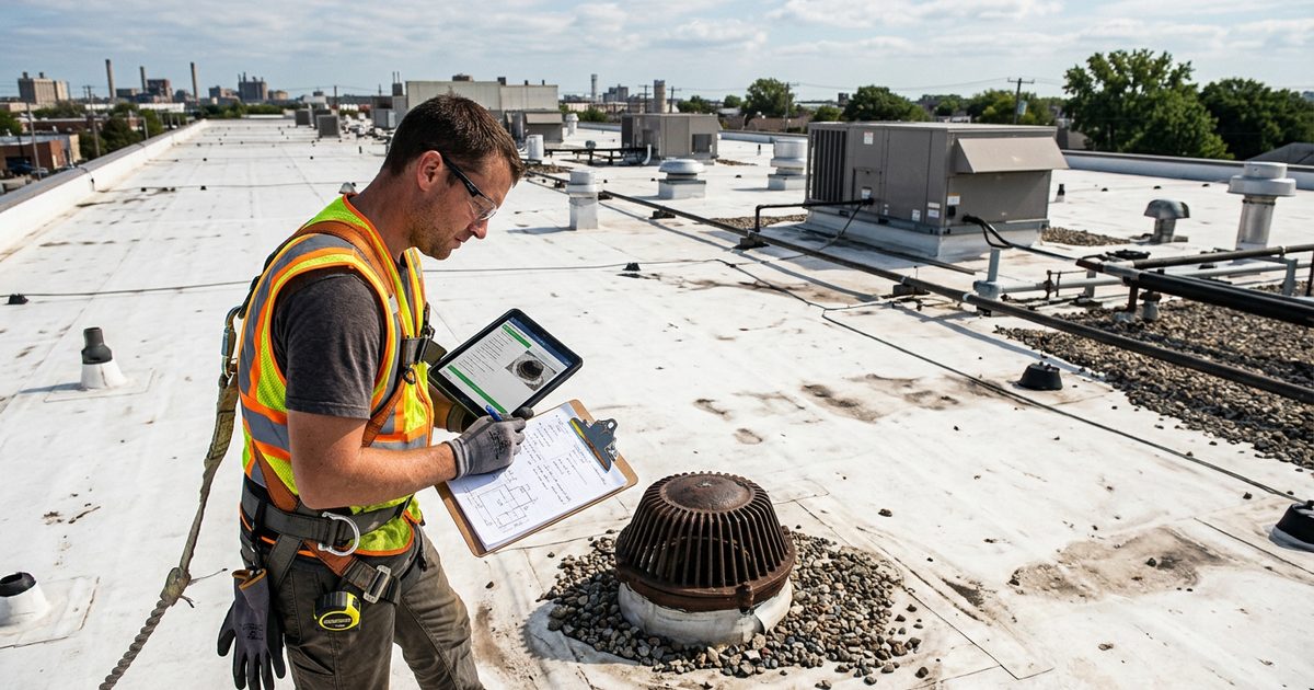 Conklin-trained roofer inspecting a commercial flat roof — illustration for the article When To Inspect Your Commercial Roof