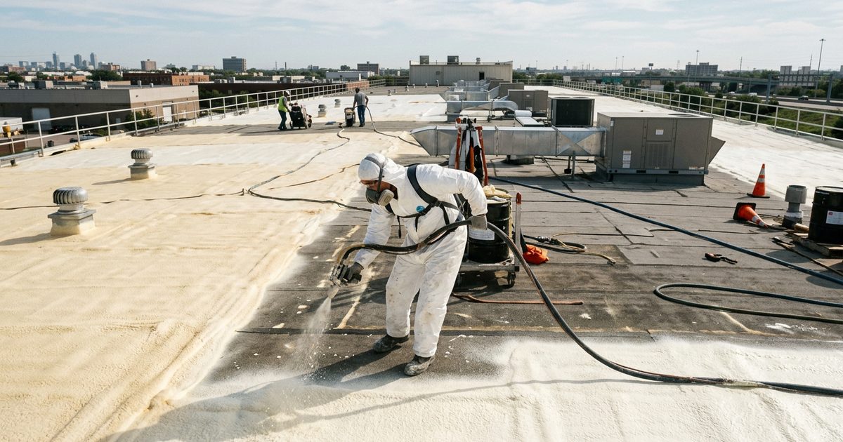 Spray polyurethane foam roofing applied over a commercial flat roof — How Long Should A Spray Foam Roof Last?