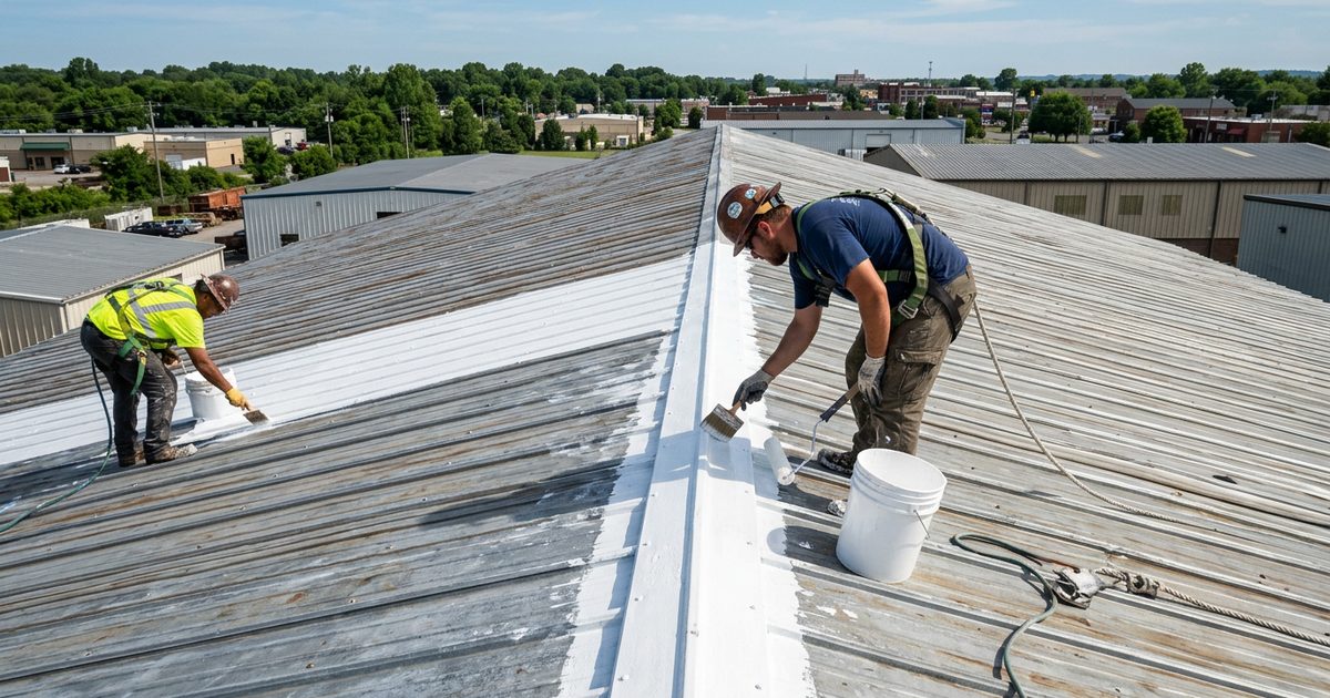 White reflective coating being rolled over a commercial standing seam metal roof — Metal Roof Coating Contractor Springfield TN