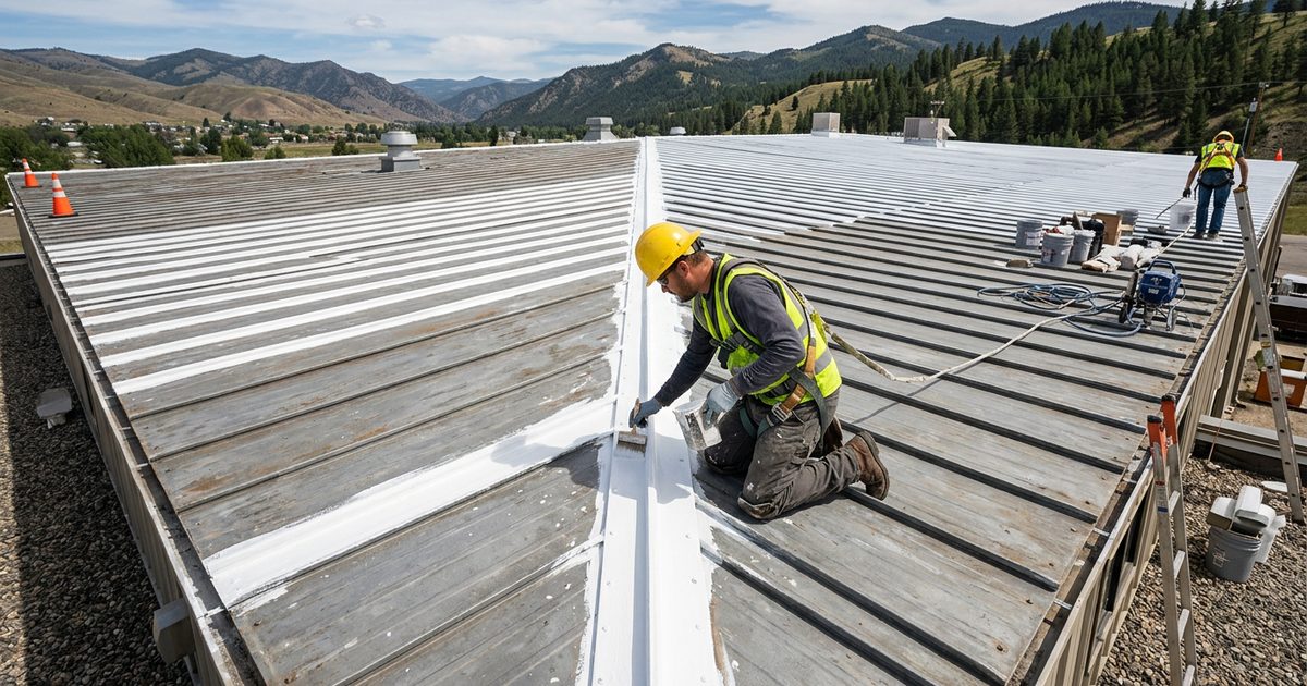 White reflective coating being rolled over a commercial standing seam metal roof