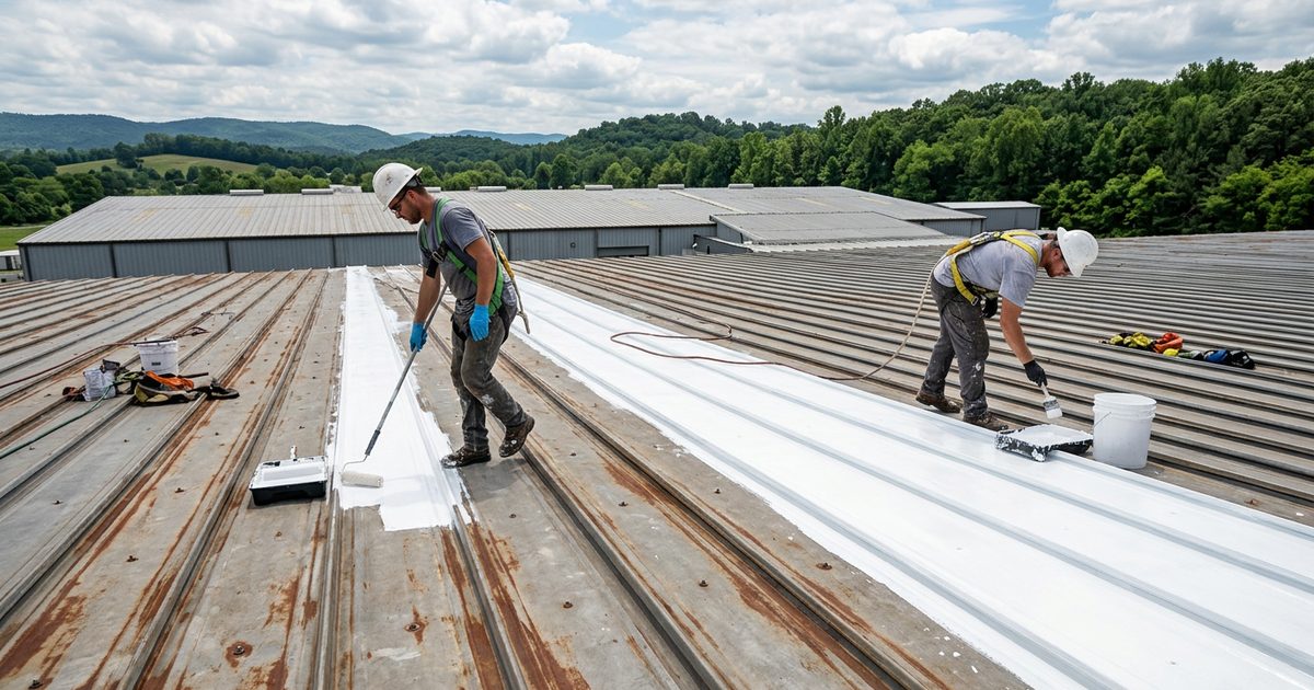 White reflective coating being rolled over a commercial standing seam metal roof — Conklin Metal Roof Coatings In Virginia