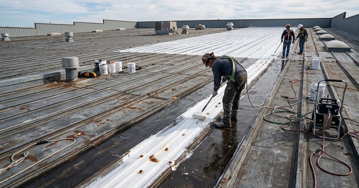 White reflective coating being rolled over a commercial standing seam metal roof — Metal Roof Leaks Can Occur On Your Commercial Metal Roof