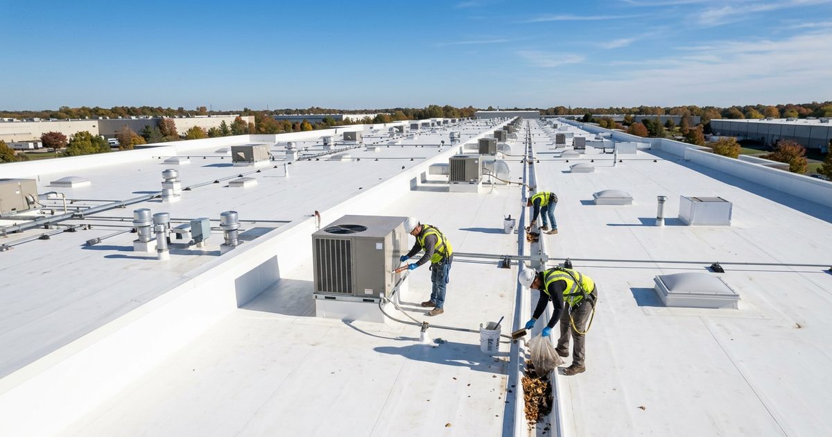Snow and ice on a commercial low-slope roof in winter — illustration for the article Preparing Your Roof For Winter