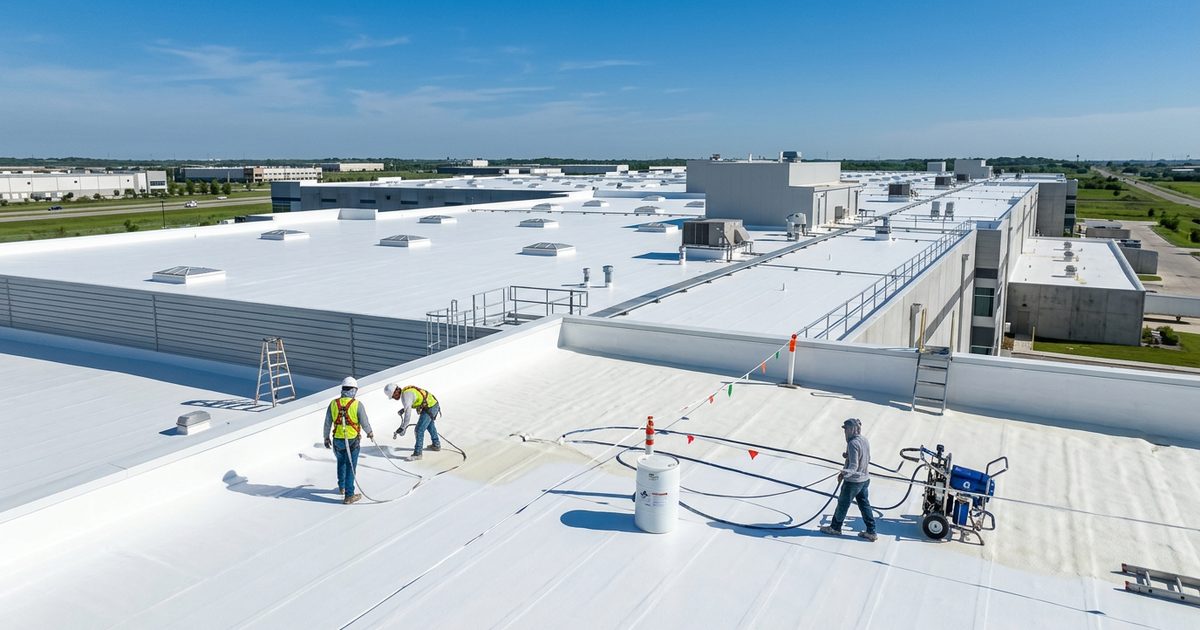 Commercial roof with Conklin white reflective coating — illustration for the article Pros And Cons Of Foam Roofing