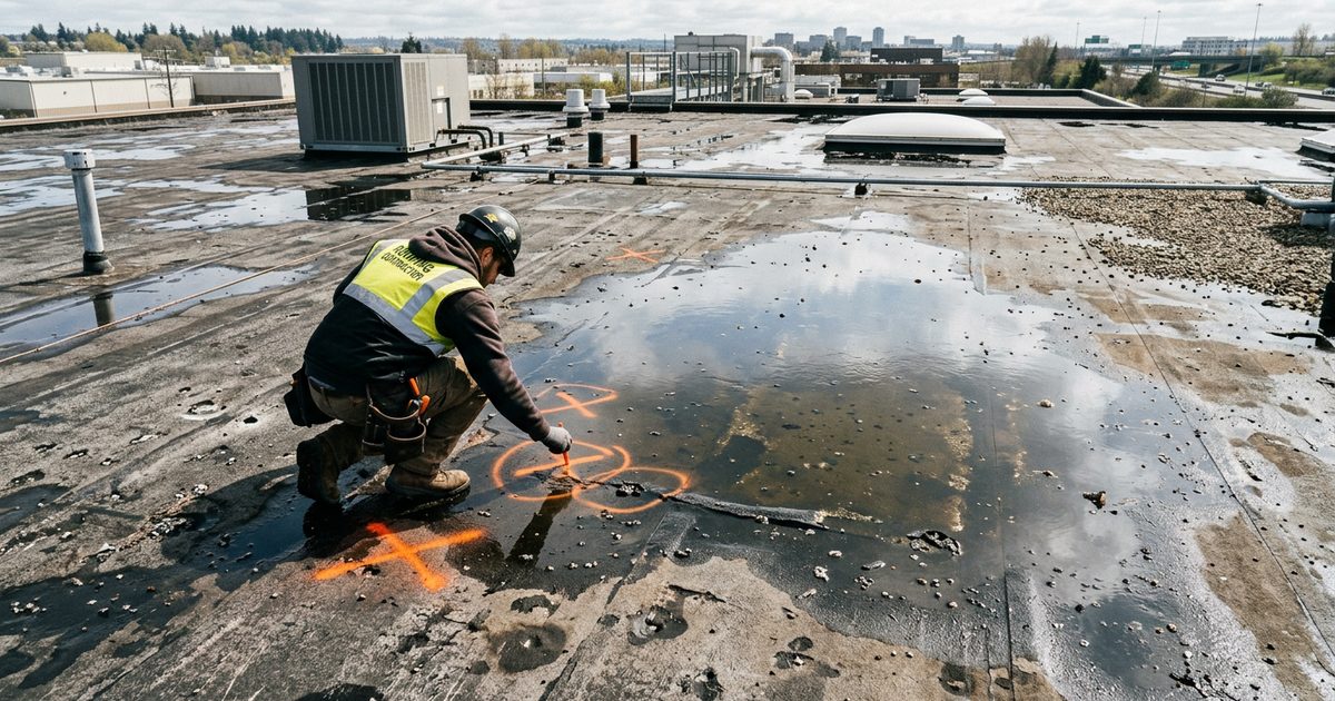 Storm-damaged commercial flat roof being assessed for restoration — Replacing Your Commercial Roof After Hail Storm